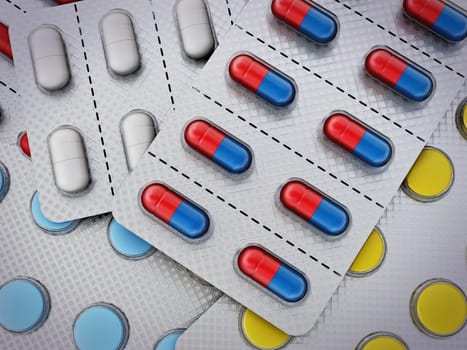 Stack of colorful pills in blister packs. 3D illustration.