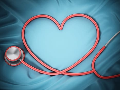 Stethoscope with heart shaped cord standing on green cloth. 3D illustration