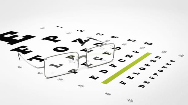 Vision test chart and eyeglasses. 3D illustration.