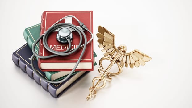 Stethoscope, golden caduceus and medicine books isolated on white background. 3D illustration.