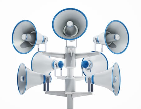 Megaphones in the pole. Public announcement concept. 3D illustration.
