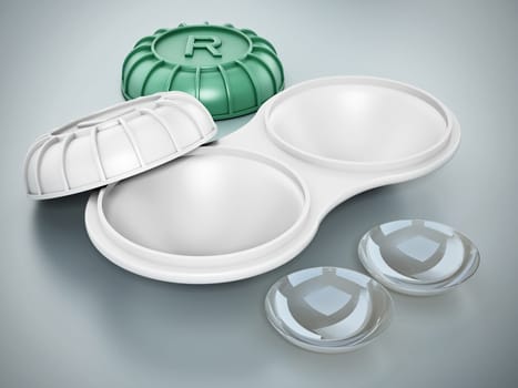 Contact lens box and lenses isolated on gray background. 3D illustration.
