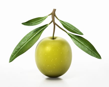 Fresh green olive with leaves isolated on white background. 3D illustration.