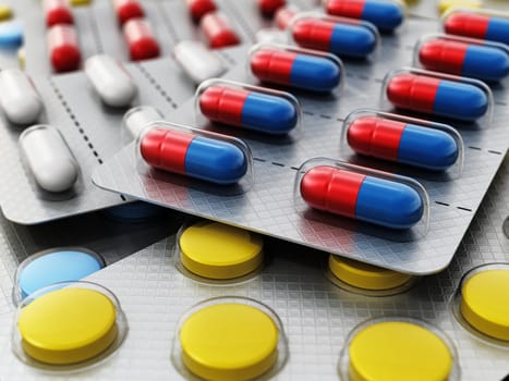 Stack of colorful pills in blister packs. 3D illustration.