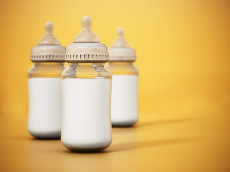 Glass baby bottles with milk isolated on yellow background. 3D illustration.