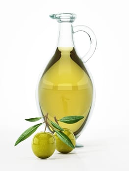 Glass olive oil bottle and raw olives isolated on white background. 3D illustration.