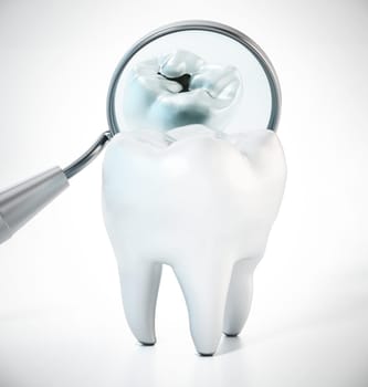Dentist mirror showing the back of the isolated tooth. 3D illustration.