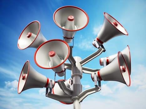 Megaphones in the pole. Public announcement concept. 3D illustration.