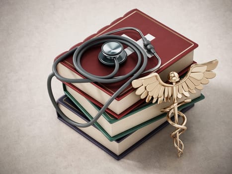 Stethoscope, golden caduceus and medicine books. 3D illustration.