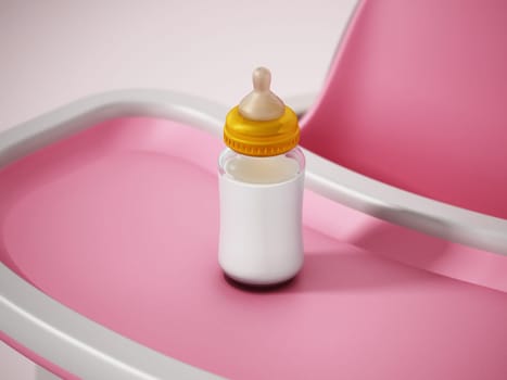 Baby bottle with milk standing on baby high chair table. 3D illustration.