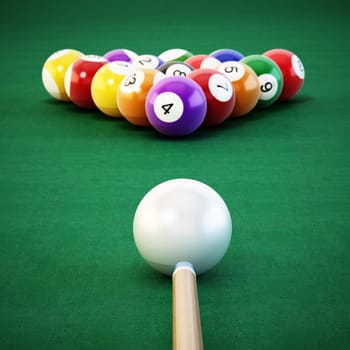 Pool or billiard balls and cue on green table cloth. 3D illustration.