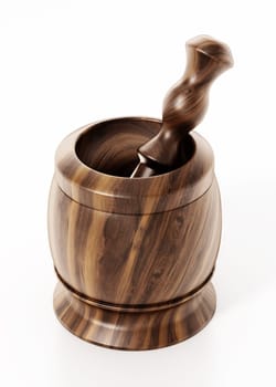Wooden mortar and pestle on old wood surface. 3D illustration.