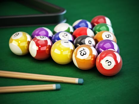 Pool or billiard balls and cue on green table cloth. 3D illustration.