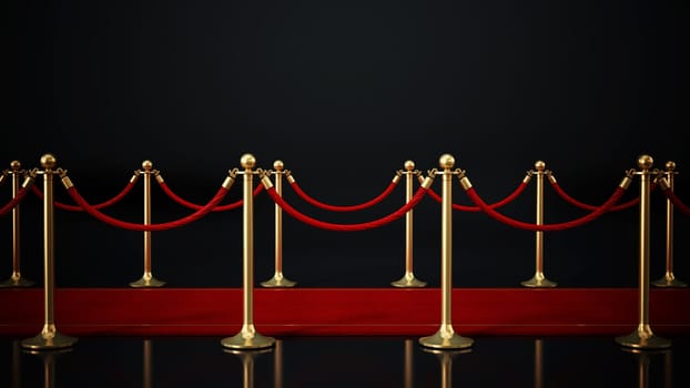 Red carpet and velvet ropes isolated on black background. Side view. 3D illustration.
