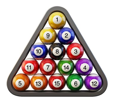 Pool or billiard balls arrangement inside billiards triangle. 3D illustration.