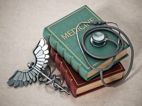 Stethoscope, silver caduceus and medicine books. 3D illustration.