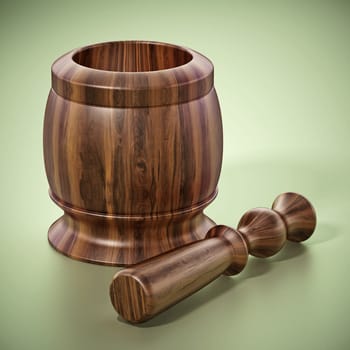 Wooden mortar and pestle isolated on green background. 3D illustration.