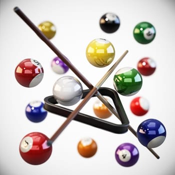 Pool or billiard balls, cues and triangle on white background. 3D illustration.