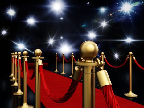 Night illuminated with flashlights, red carpet and velvet ropes 3D illustration.