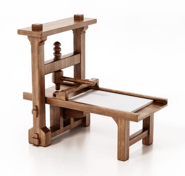 Vintage printing press isolated on white background. 3D illustration.