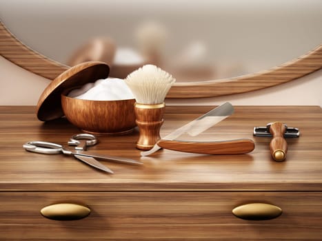 Retro shaving tools standing on barber shop counter. 3D illustration.