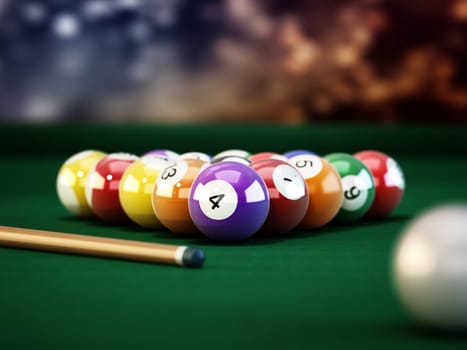 Pool or billiard balls and cue on green table cloth. 3D illustration.