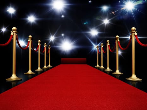 Night illuminated with flashlights, red carpet and velvet ropes 3D illustration.