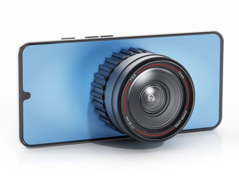 Smartphone with big camera lens isolated on white background. 3D illustration.