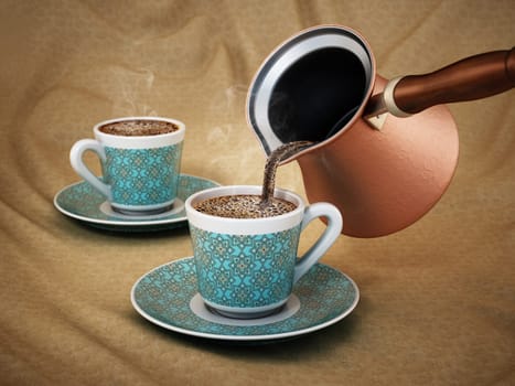 Turkish coffee poured into a traditional porcelain cup. 3D illustration.