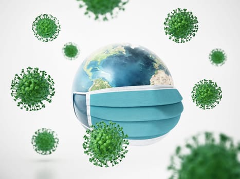 Green viruses around the Earth with face mask. 3D illustration.