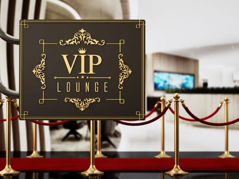 VIP lounge signboard with red carpet and velvet ropes. 3D illustration.