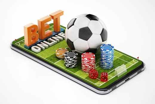 Casino chips, soccer ball and dice standing on smartphone with football pitch. 3D illustration.