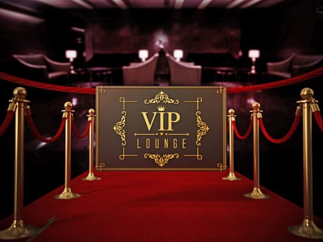 VIP lounge signboard with red carpet and velvet ropes. 3D illustration.