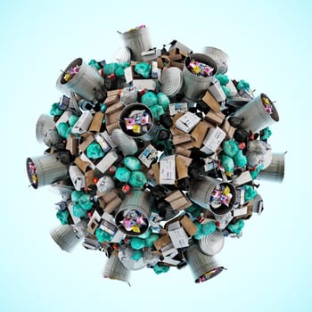 Garbage bags, containers and various waste forming a globe. 3D illustration.