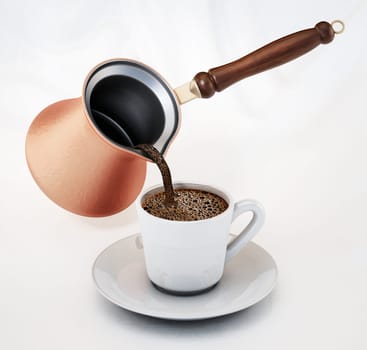 Turkish coffee poured into a traditional porcelain cup. 3D illustration.