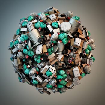 Garbage bags, containers and various waste forming a globe. 3D illustration.