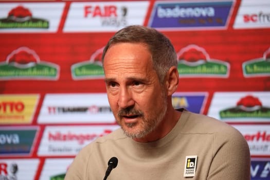 Coach Adi Hütter (Borussia Mönchengladbach) at the press conference,PK after the match of the 1st FBL: 21-22: 31st Sptg. SC Freiburg vs Borussia Mönchengladbach... DFL REGULATIONS PROHIBIT ANY USE OF PHOTOGRAPHS AS IMAGE SEQUENCES AND/OR QUASI-VIDEONann.. Photo: Joachim Hahne/johapress