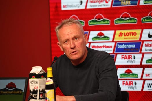 Thoughtful: Coach Christian Streich (Freiburg) at the press conference after the match of the 1st FBL: 21-22: 31st Sptg. SC Freiburg vs Borussia Mönchengladbach... DFL REGULATIONS PROHIBIT ANY USE OF PHOTOGRAPHS AS IMAGE SEQUENCES AND/OR QUASI-VIDEONann.. Photo: Joachim Hahne/johapress