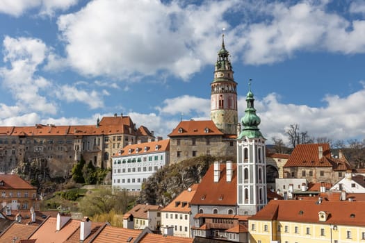 Beautiful view to Cesky Krumlov castle and its tower  in Czech republic. Horizontally.