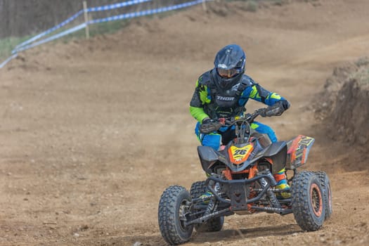 MOHELNICE,  CZECH REPUBLIC - APRIL 16, 2022: Michal Kimerling on a quad bike in the race International Championship of Czech Republic in Sidecarcross, category Quad on April 16, 2022 in Mohelnice.
