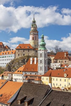 Beautiful view to church and castle in Cesky Krumlov, Czech republic. Vertically.