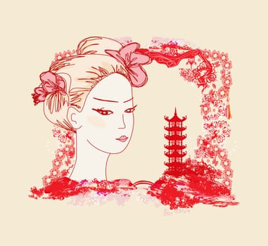 abstract landscape with Asian girl