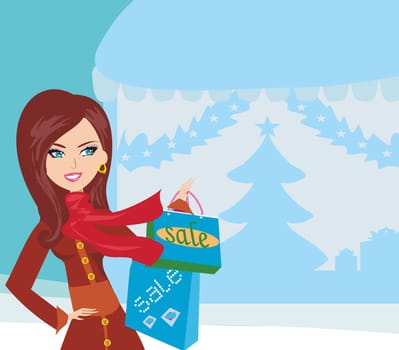 beautiful woman doing the shopping in winter