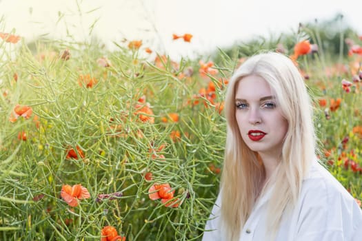 Portrait of attractive blonde woman posing in red poppy field.  Horizontally.
