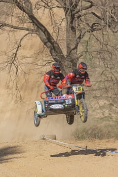 MOHELNICE, CZECH REPUBLIC - APRIL 16, 2022. Unidentified racers rides a sidecar in the "Sidecarcross Championship of Czech Republic"" on April 16, 2022 in the town of Mohelnice, Czech Republic."