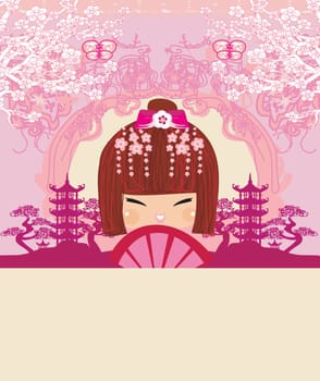 asian girl holding traditional fan -  abstract card