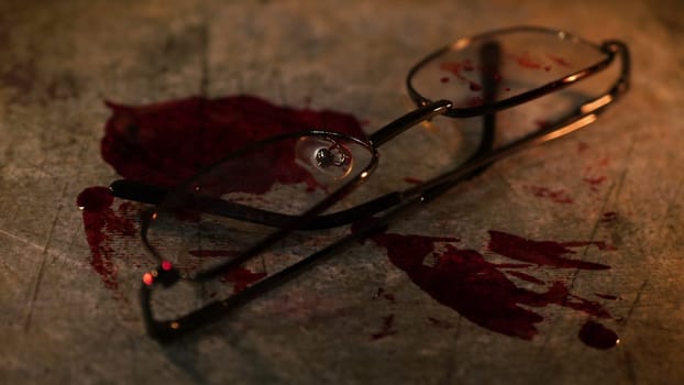 Grungy conceptual crime scene with blood and glasses
