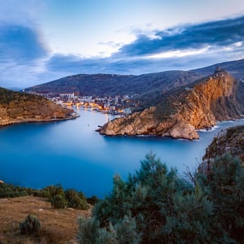 Landscape. Sea, mountains, city Balaklava Bay Beautiful seascape at dawn