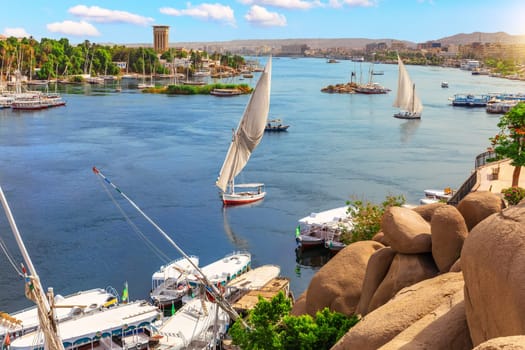 Aswan city, beautiful scenery of the Nile and boats, upper Egypt.