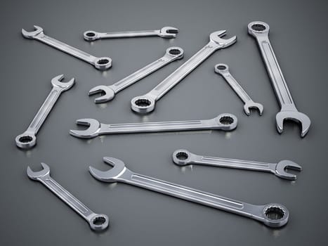 Set of wrenches standing on gray background. 3D illustration.